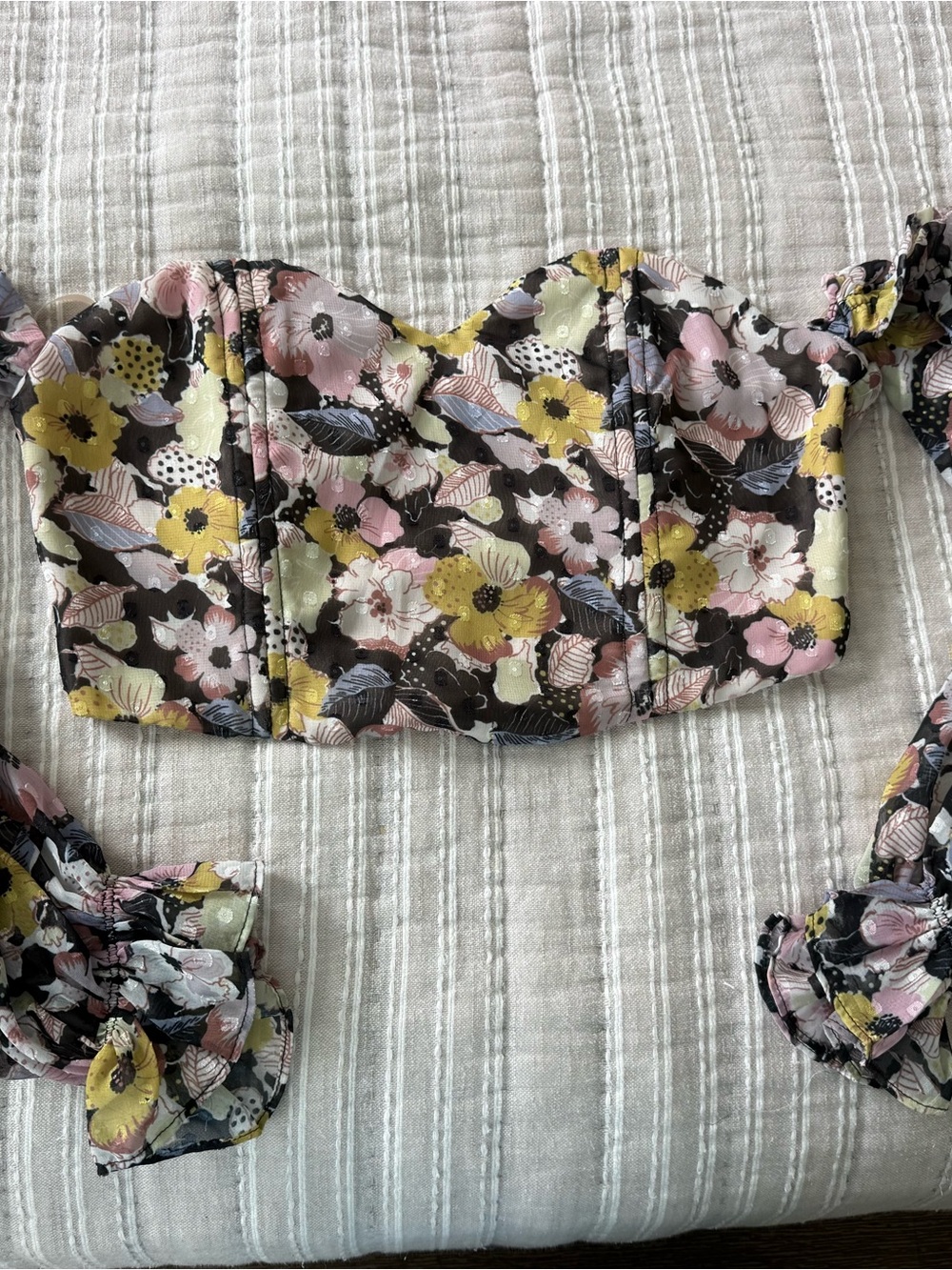 Vici Floral Off-the-Shoulder Bustier Crop Top - Black, Pink & Yellow